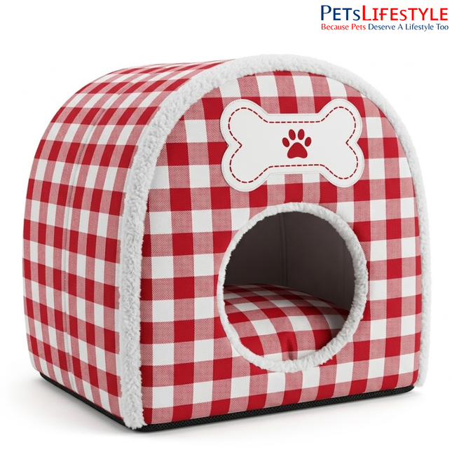 Foldable Igloo Pet House for Dogs & Cats – Red and White Checkered Cave Bed