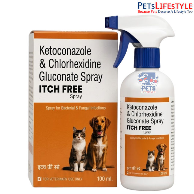 ITCH FREE Ketoconazole & Chlorhexidine Spray 100 ml | Ringworm, Pyoderma & Itching Relief for Dogs & Cats