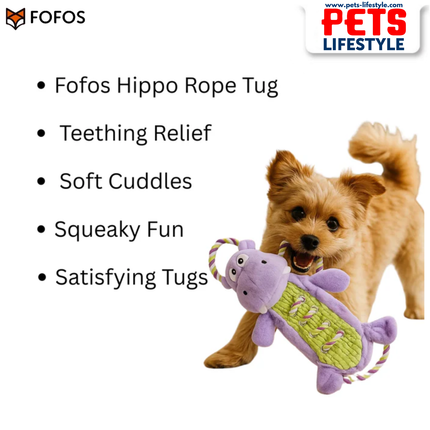 FOFOS Hippo Rope Tug Dog Toy Squeakers + Rope Limbs