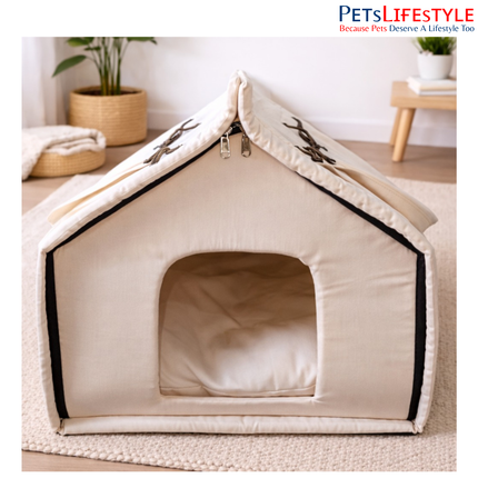 Cat House with Premium Indoor Foldable Canvas Pet House Tent with Plush Cushion, Indoor Pet Bed