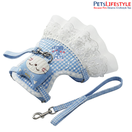 Cute Plaid Cat & Small Dog Harness with Leash Adjustable Anti-Escape Breathable Pet Vest – Light Blue