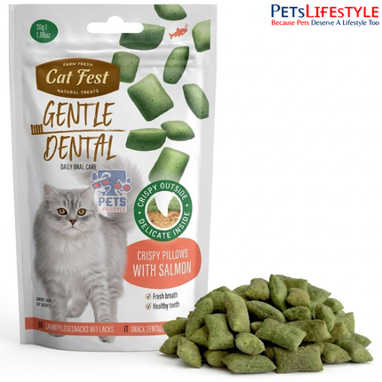 Cat Fest Crispy Pillows with Salmon Cat Treats 30g | 100% Natural Crunchy Dental Treats with Antioxidants