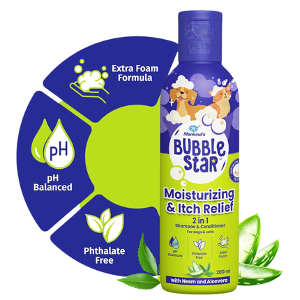 Mankind BubbleStar Neem & Aloe Vera Fresh 2 in 1 Waterless Shampoo for Dogs & Cats | Moisturizing & Itch Relief Formula
