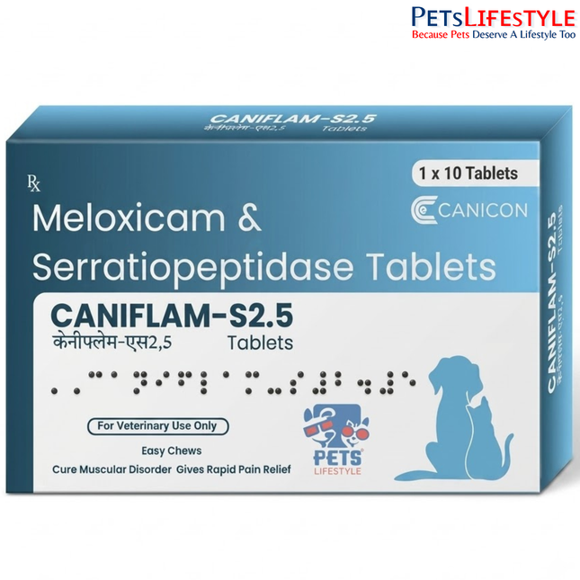 Canicon Caniflam-S 2.5mg Tablets for Dogs | Meloxicam & Serratiopeptidase Tablets for Pain, Inflammation & Musculoskeletal Support