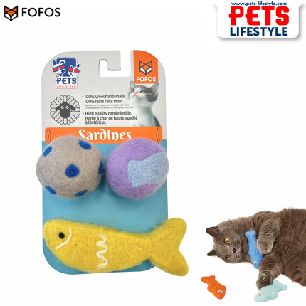 FOFOS Sardine Wool Toy 3 Pack 100% Handmade Wool Catnip Toys Lightweight & Interactive