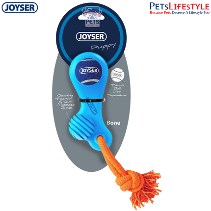 JOYSER Bone Rubber with Replaceable Tennis Ball & Squeaker Dog Toy – Blue/Orange (S)