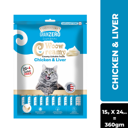 Grain Zero Creamy Lickable Cat treats Chicken and Liver (15g x24 Pcs)20 Pcs +4 Pcs Free ,360g