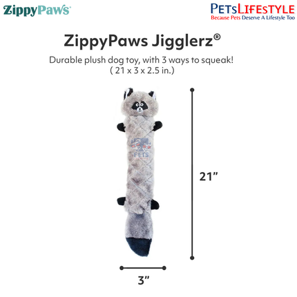 ZippyPaws Jigglerz® – Raccoon  Stuffing-Free Plush Dog Toy | 3 Ways to Squeak