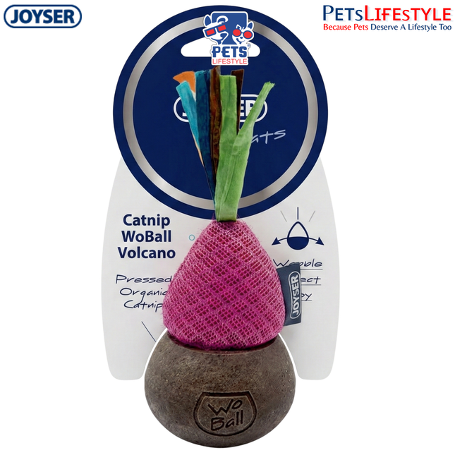 JOYSER Catnip WoBall Volcano with Ribbons – Pink/Brown | Interactive Wobble Cat Toy