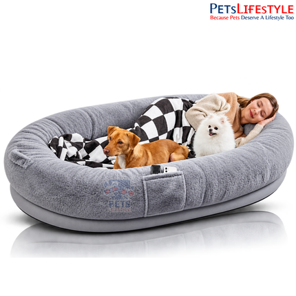 PetsLifestyle Giant Human Dog Bed – Calming Anti-Anxiety Bolster Bean Bag with Orthopedic Foam, Blanket & Pillow, Giant Oval Floor Bed