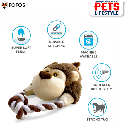 FOFOS Barkbutler Knotty The Bear Plush Dog Toy | Soft Squeaky Tug Toy with Rope for Small & Medium Dogs