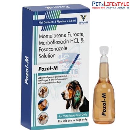 Pozol-AM Ear Drops for Dogs 3 Pipettes x 0.8 ml | Triple Action Antibacterial, Antifungal & Anti-Inflammatory Otic Solution
