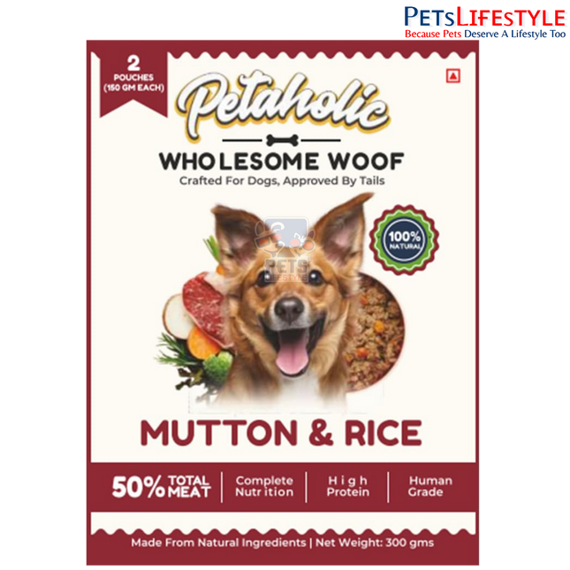 Petaholic Wholesome Food Mutton Biryani for Dogs | 100% Human-Grade Ingredients | High Protein Complete Wet Dog Food | Suitable for All Breeds (2 × 150g | 300g)