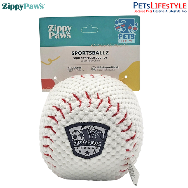ZippyPaws SportsBallz – Baseball  Plush Squeaker Dog Toy