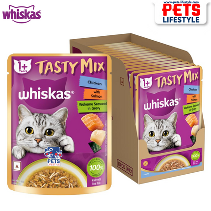 Whiskas Adult (1+ year) Tasty Mix Wet Cat Food Made With Real Fish, Chicken With Salmon Wakame Seaweed in Gravy - 70 gm packs