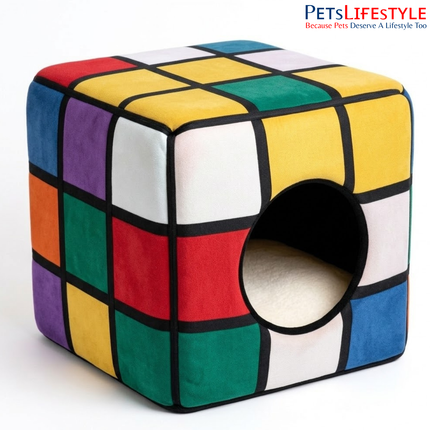 Rubik’s Cube Inspired Luxury Designer Cube Pet House with Plush Cushion, Indoor Pet Bed