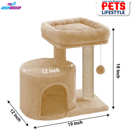 Compact Cat Tree with Scratching Post, Condo & Dangling Toy Ball – Plush Fabric (Small Space Friendly)