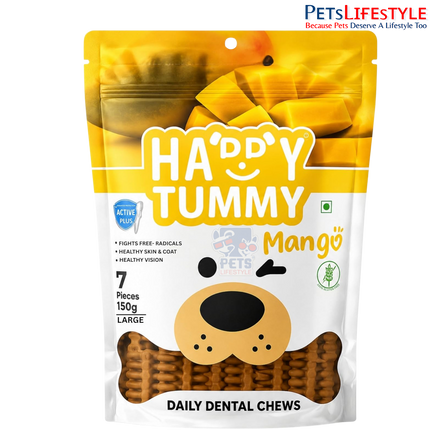 Gnawlers Happy Tummy Mango Dental Bone Treat for Medium & Large Dogs | Daily Dental Chew for Healthy Skin, Coat & Vision