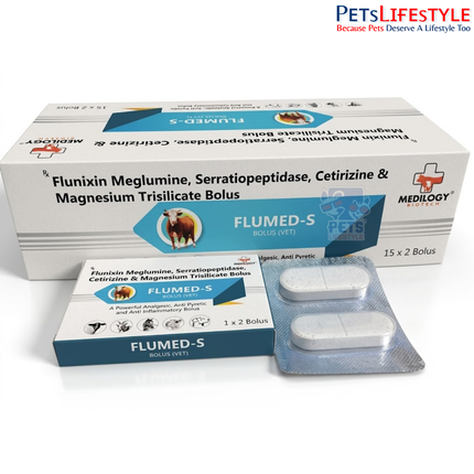 FLUMED-S Vet Bolus – Flunixin Meglumine, Serratiopeptidase, Cetirizine & Magnesium Trisilicate Bolus | Veterinary Anti-Inflammatory, Antipyretic & Anti-Allergic Support |