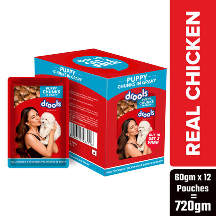 Drools Puppy Wet Dog Food, Real Chicken and Chicken Liver Chunks in Gravy,10 Pouches + 2 Pouches Free (12 x 60g )