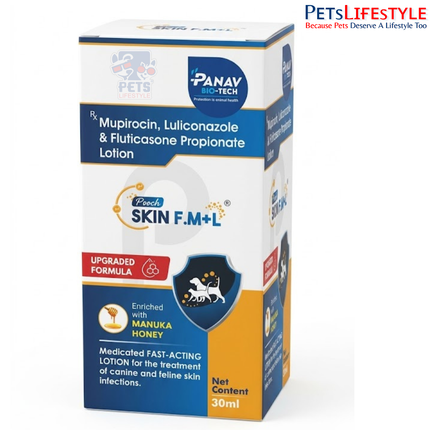 Panav Bio-Tech Pooch Skin F.M+L Medicated Lotion for Dogs & Cats – Mupirocin, Luliconazole & Fluticasone Propionate, 30 ml