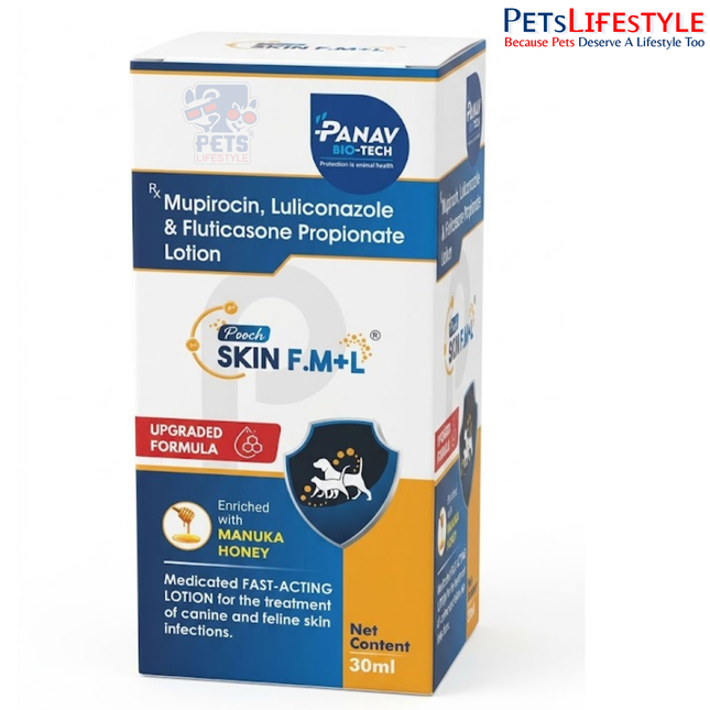 Panav Bio-Tech Pooch Skin F.M+L Medicated Lotion for Dogs & Cats – Mupirocin, Luliconazole & Fluticasone Propionate, 30 ml