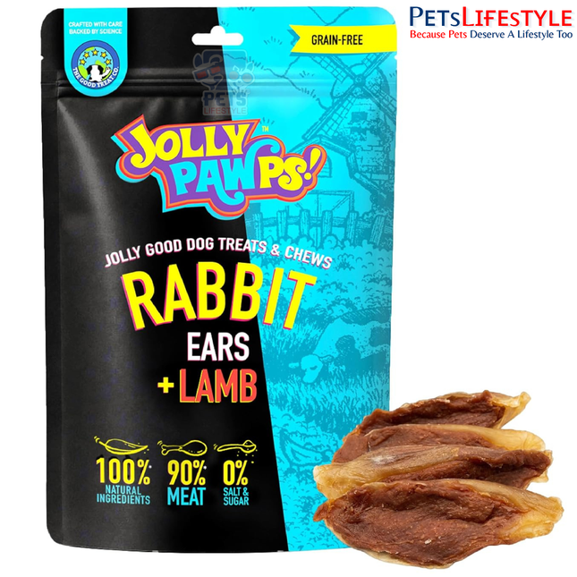 Jolly Pawps Rabbit Ears + Lamb Dog Treats 85 g – 90% Prime Cut Meat, Grain-Free Natural Dog Chews for Adult Dogs & Puppies