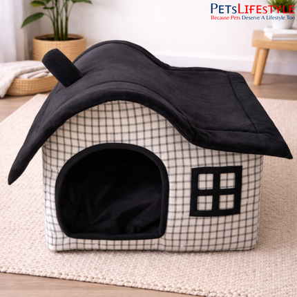 Luxury Cottage-Style Indoor Plush Pet House with Removable Roof Pet House with Plush Cushion, Indoor Pet Bed