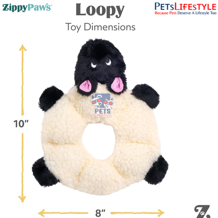 ZippyPaws Loopy – Sheep  Stuffing-Free Plush Dog Toy with 7 Round Squeakers