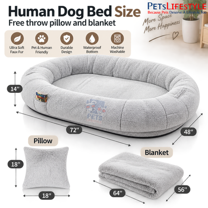 PetsLifestyle Giant Human Dog Bed – Calming Anti-Anxiety Bolster Bean Bag with Orthopedic Foam, Blanket & Pillow, Giant Oval Floor Bed