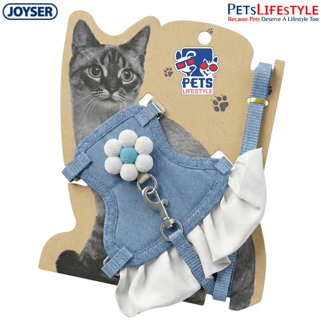 Blue Ruffled Cat & Small Pet Harness with Leash | Adjustable Anti-Escape Vest with Flower Detail