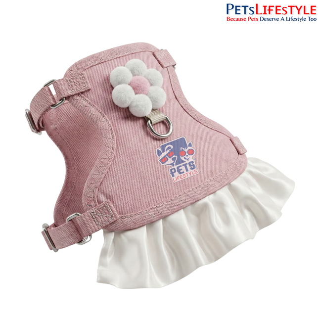 Pink Ruffled Cat & Small Dog Harness Dress with Leash | Adjustable Anti-Escape Step-In Pet Vest
