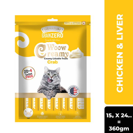 Grain Zero Creamy Lickable Cat treats Crab (15g x24 Pcs)20 Pcs +4 Pcs Free ,360g