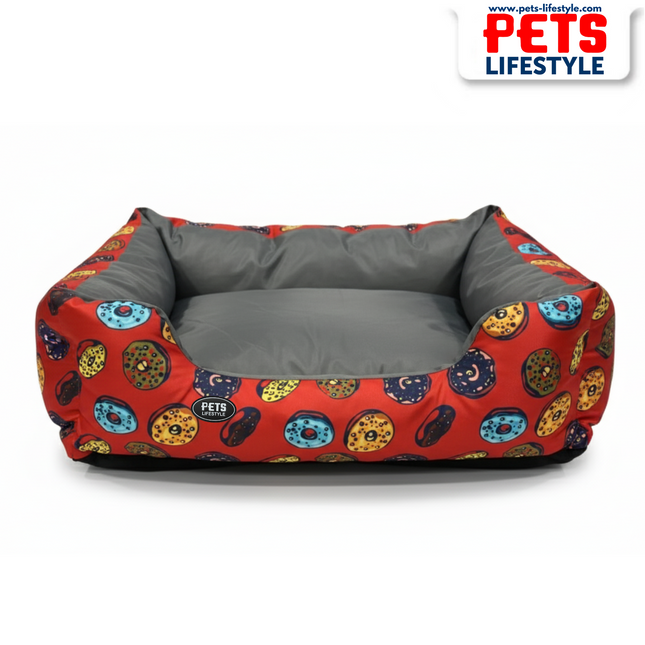 PᴇᴛsLɪғᴇsᴛʏʟᴇ Donut Pattern Red & Grey Dog Bed – All Sizes Comfort and style for your furry friends