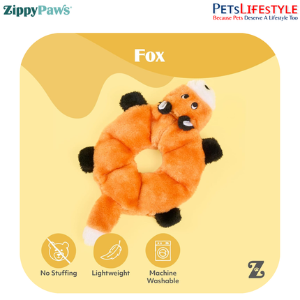 ZippyPaws Loopy – Fox  Stuffing-Free Plush Dog Toy with 7 Round Squeakers