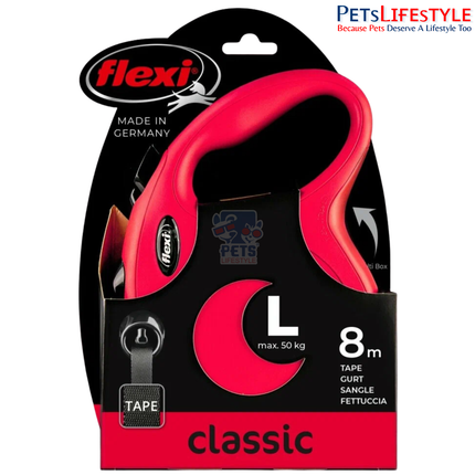 Flexi New Classic Tape Retractable Dog Leash – Large (L), 8 Metres, Red | Retractable Tape Lead for Dogs up to 50 kg | Made in Germany
