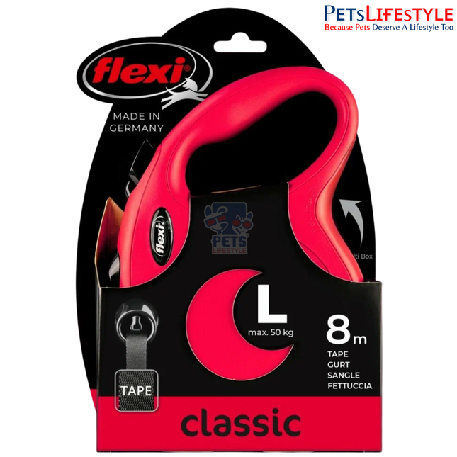 Flexi New Classic Tape Retractable Dog Leash – Large (L), 8 Metres, Red | Retractable Tape Lead for Dogs up to 50 kg | Made in Germany