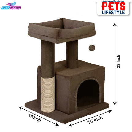FURRLOVERS Condo Kitten Cat Tree – Plush Fur Fabric, Top Perch, Hanging Ball & Scratching Post (12x12 Inch Condo)