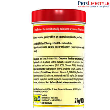 Tetra Betta Premium Complete Food for Betta & Labyrinth Fish High Protein Diet for Colour & Fin Growth 27g / 100ml