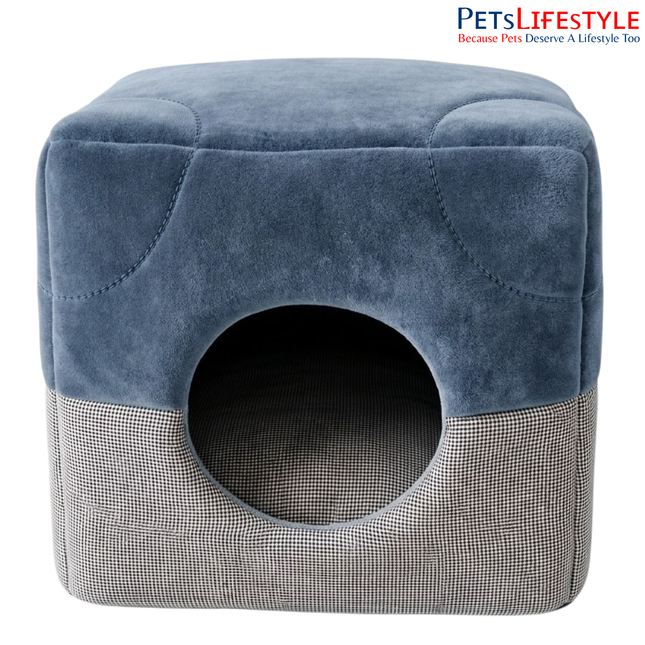 Designer Dual-Texture Velvet and Houndstooth Luxury Pet Cube House Pet House with Plush Cushion, Indoor Pet Bed