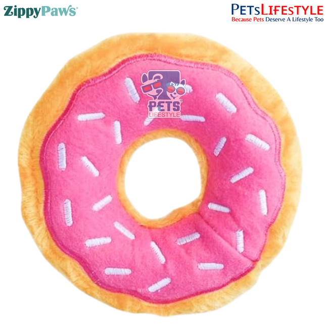 ZippyPaws Junior Donutz Dog Toy – Strawberry | Stuffing-Free Plush Chew Toy with Dual Squeakers