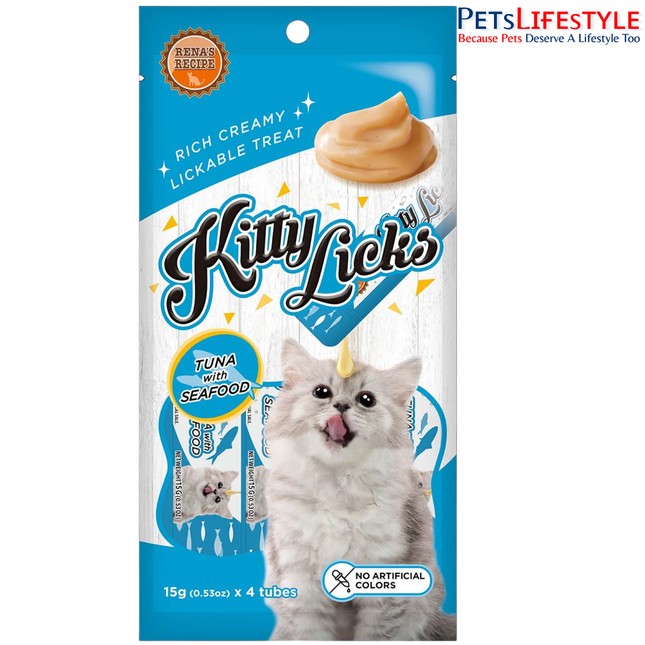 Rena’s Kitty Licks Tuna with Seafood Creamy Cat Treat 4 x 15g – Rich Lickable Treat for Kittens & Cats