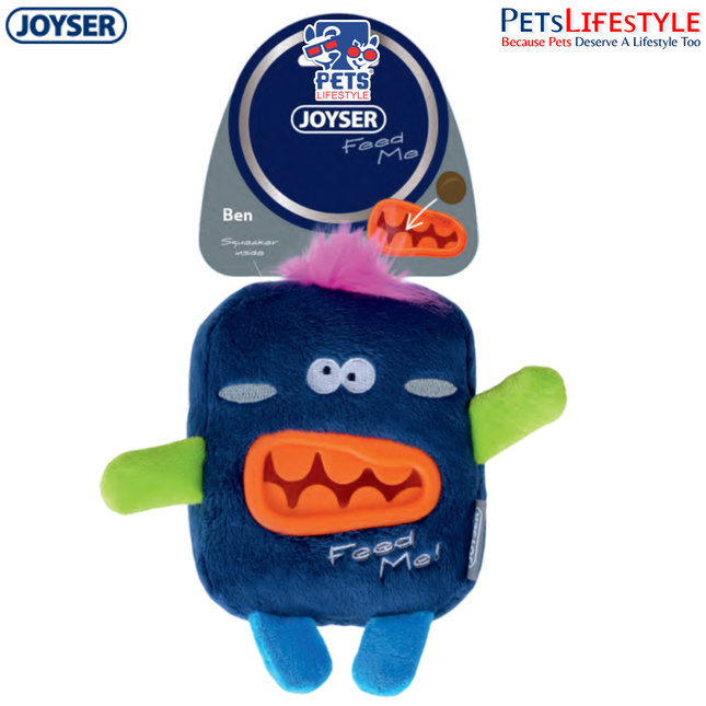 JOYSER Feed Me Ben Treat Plush Dog Toy with Squeaker – Grey/Yellow (S/M)