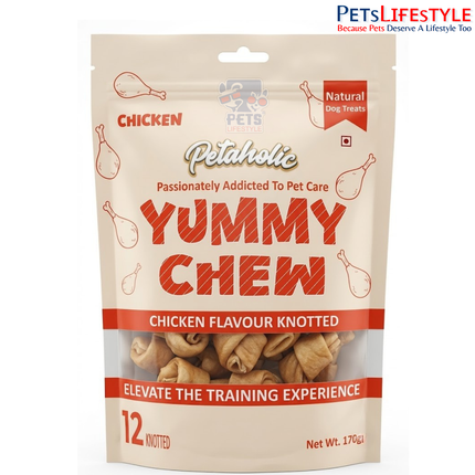 Petaholic Yummy Chew Chicken Flavour Knotted Bone Dog Treat 170g (12 Knotted Bones) | Premium Gluten-Free Chew Treats for Dogs