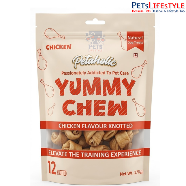Petaholic Yummy Chew Chicken Flavour Knotted Bone Dog Treat 170g (12 Knotted Bones) | Premium Gluten-Free Chew Treats for Dogs