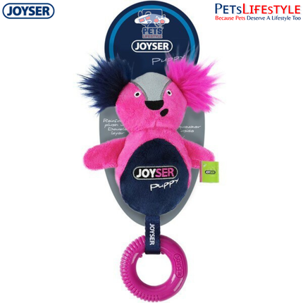 JOYSER Puppy Squirrel with Ring Dental Chew Plush Dog Toy – Pink/Dark Blue (S/M)