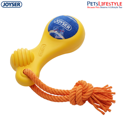 JOYSER Bone Rubber with Replaceable Tennis Ball & Squeaker Dog Toy – Yellow/Blue (M/L)