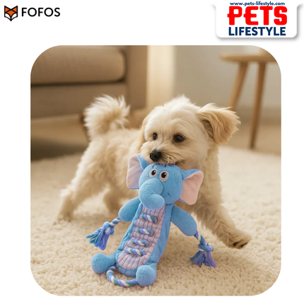 FOFOS Elephant Rope Tug toy with plush body, rope limbs, and squeaker