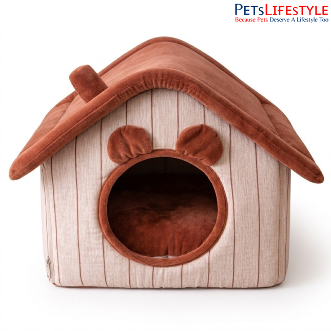 Premium Rust Velvet Cottage Pet House with Removable Roof Pet House with Plush Cushion, Indoor Pet Bed