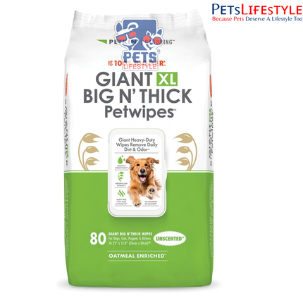 Petkin Giant XL Big N’ Thick Petwipes – Unscented | Oatmeal-Enriched Grooming Wipes for Dogs & Cats